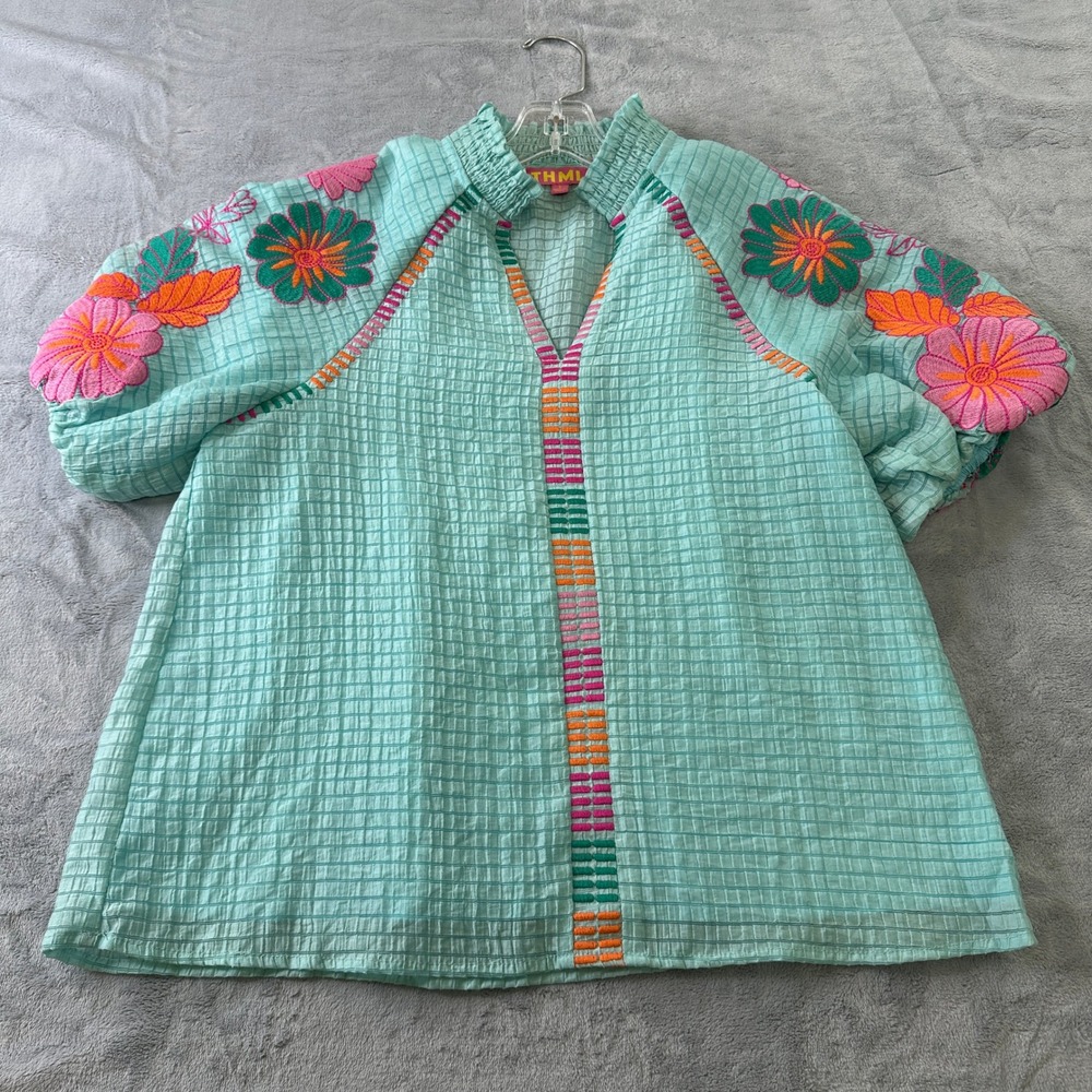 THML Aqua Blue Floral Embroidered Smocked Neck Puff Sleeve Blouse Small WCT2866